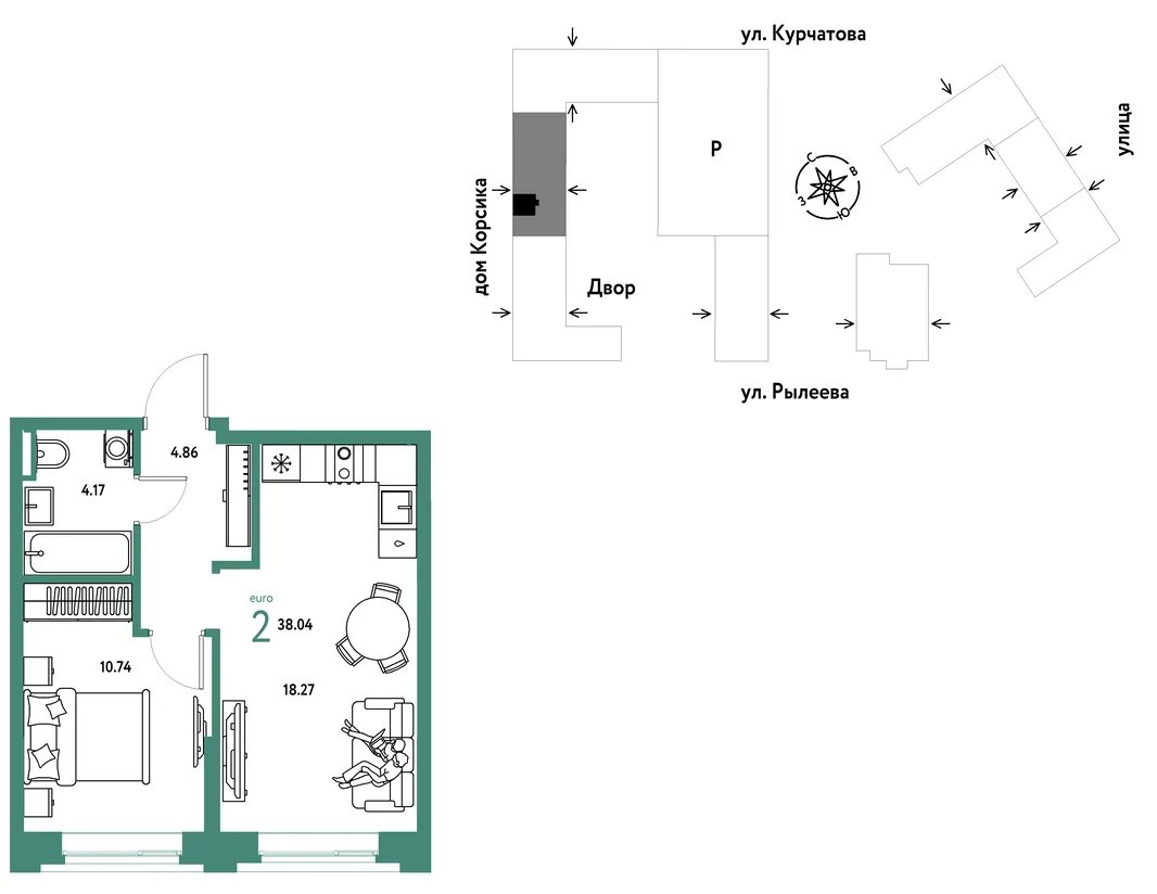 Планировка 2-комн. квартира, 38.03 м² ЖК «Остров-сад»