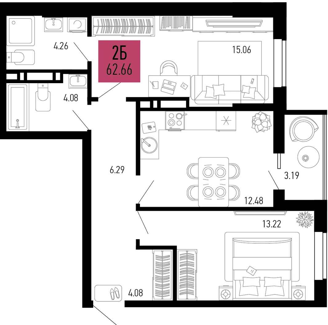 Планировка 2-комн. квартира, 62.66 м² ЖК «Столицыно»