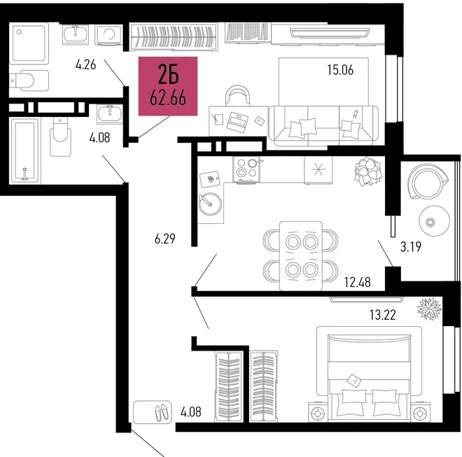 Планировка 2-комн. квартира, 62.66 м² ЖК «Столицыно» Планировка 2-комн. квартира, 62.66 м² ЖК «Столицыно»
