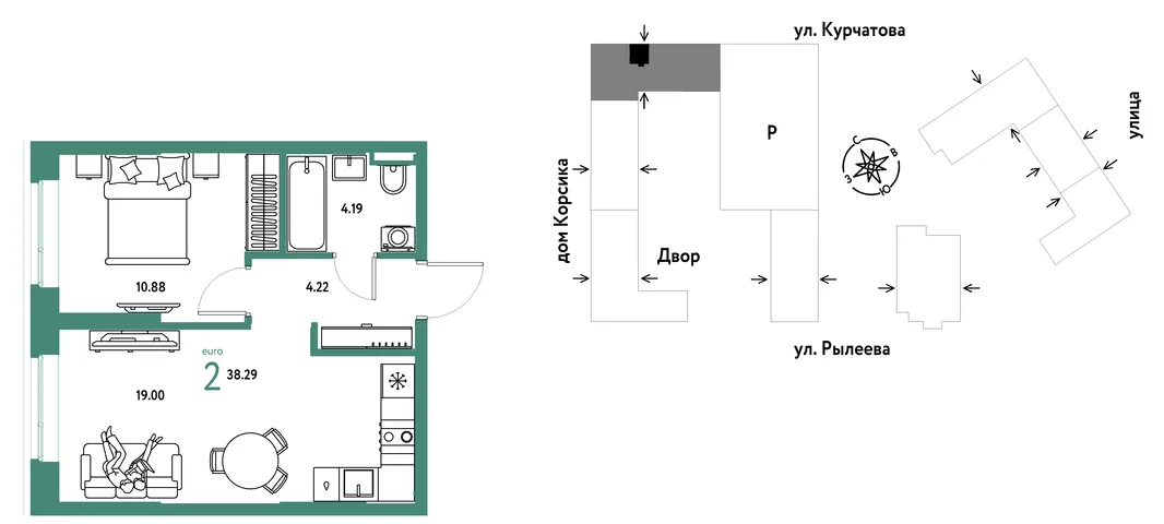Планировка 2-комн. квартира, 38.29 м² ЖК «Остров-сад»