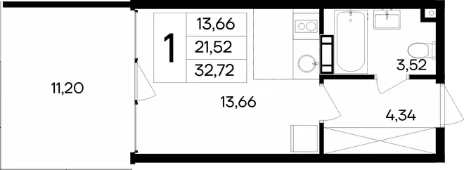 Планировка Студия, 32.72 м² Курортный кластер «САГА»