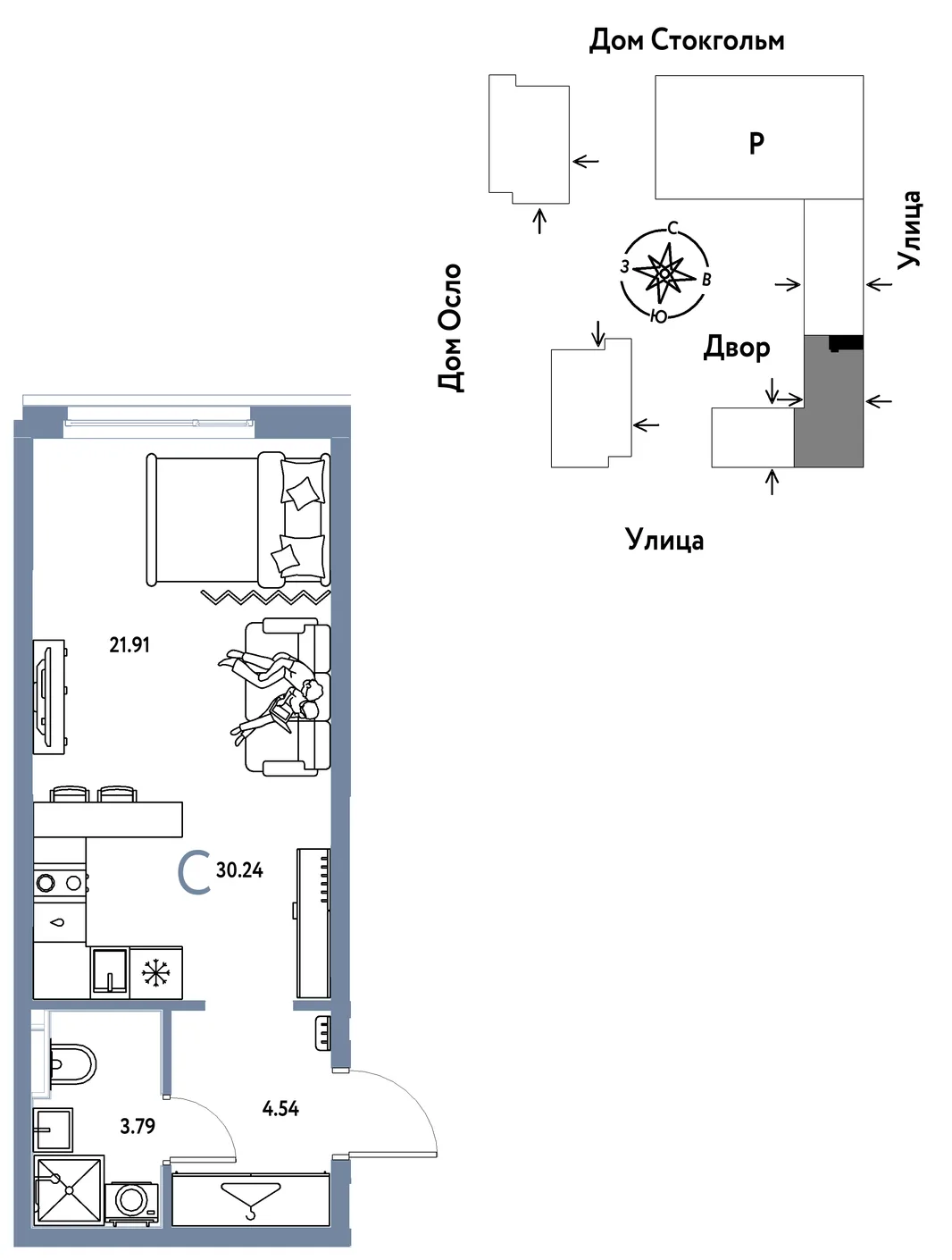 Планировка Студия, 30.24 м² ЖК «Европейский берег 2.0»