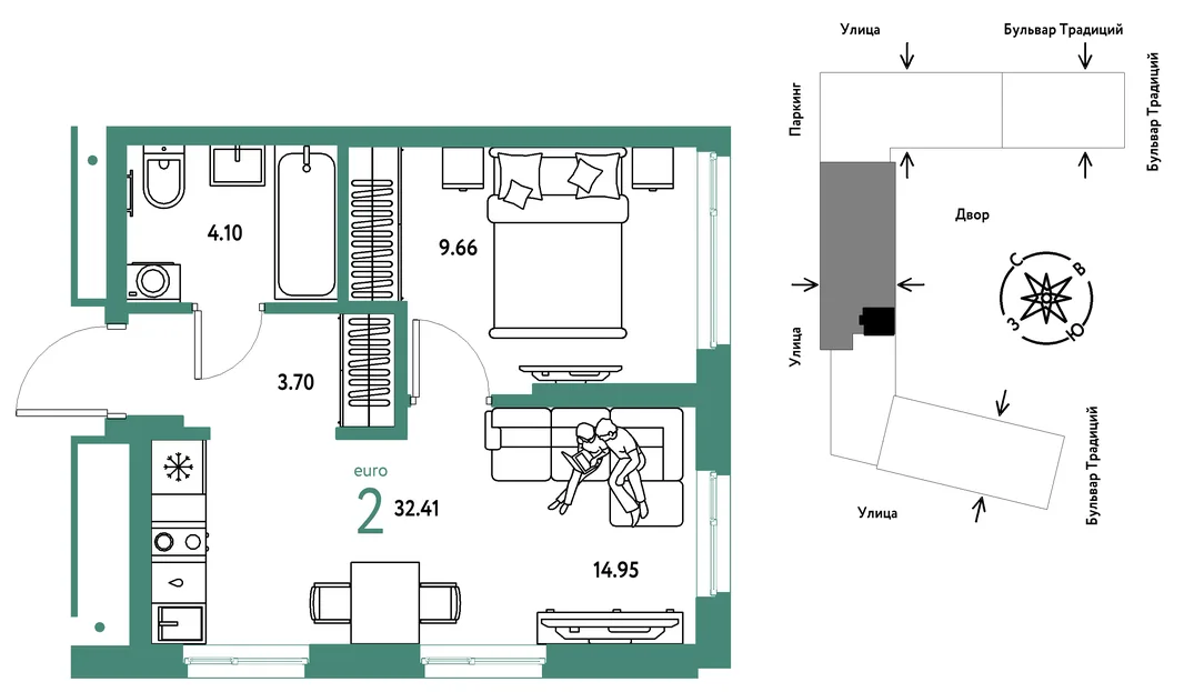 Планировка 2-комн. квартира, 32.41 м² ЖК «Микрорайон Домашний»