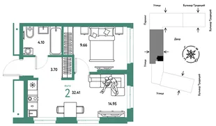 Планировка 2-комн. квартира, 32.41 м² ЖК «Микрорайон Домашний»