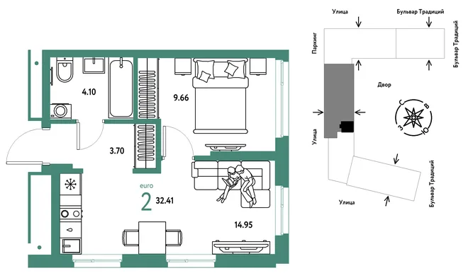 Планировка 2-комн. квартира, 32.41 м² ЖК «Микрорайон Домашний» Планировка 2-комн. квартира, 32.41 м² ЖК «Микрорайон Домашний»