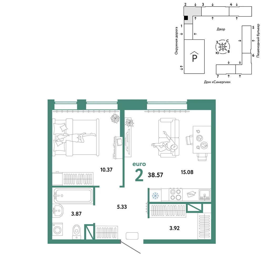Планировка 2-комн. квартира, 38.57 м² ЖК «Юнион»