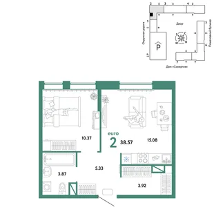 Планировка 2-комн. квартира, 38.57 м² ЖК «Юнион»
