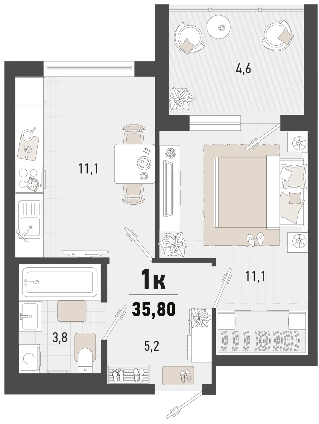 Планировка 1-комн. квартира, 35.8 м² ЖК «Барса»