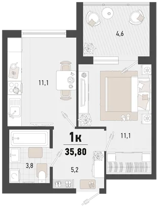 Планировка 1-комн. квартира, 35.8 м² ЖК «Барса»
