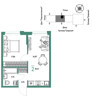 Планировка 2-комн. квартира, 35.41 м² ЖК «Микрорайон Домашний»