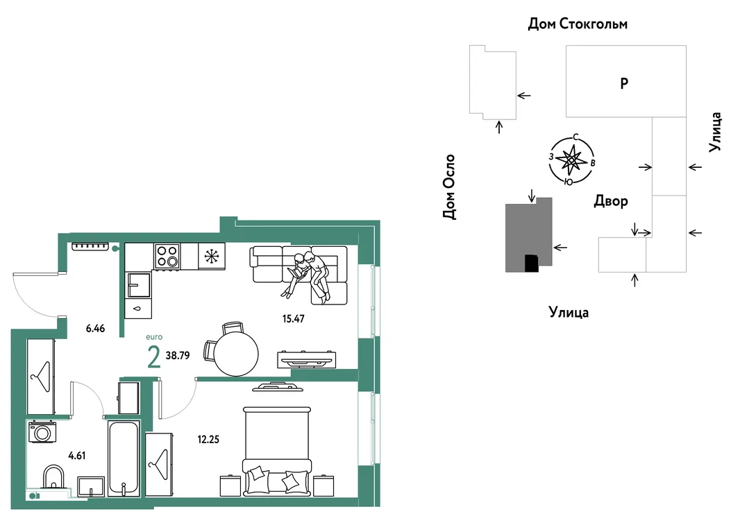 Планировка 2-комн. квартира, 38.79 м² ЖК «Европейский берег 2.0»