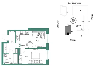 Планировка 2-комн. квартира, 38.79 м² ЖК «Европейский берег 2.0»