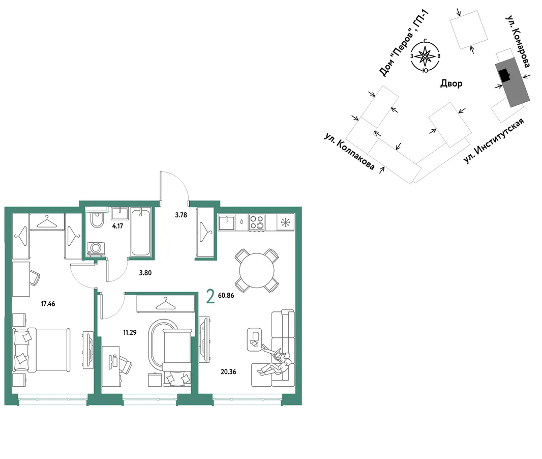 Планировка 2-комн. квартира, 60.86 м² ЖК «Страна.Парковая»