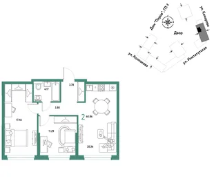Планировка 2-комн. квартира, 60.86 м² ЖК «Страна.Парковая»