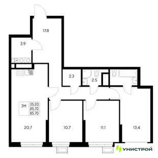 Планировка 3-комн. квартира, 85.7 м² ЖК «Стадиум»
