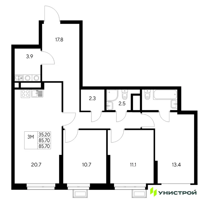 Планировка 3-комн. квартира, 85.7 м² ЖК «Стадиум» Планировка 3-комн. квартира, 85.7 м² ЖК «Стадиум»
