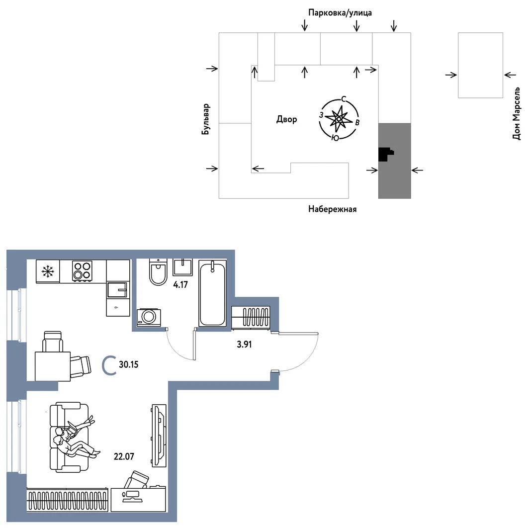 Планировка Студия, 30.15 м² ЖК «Европейский берег 2.0»