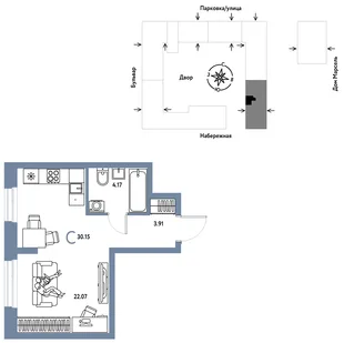 Планировка Студия, 30.15 м² ЖК «Европейский берег 2.0»