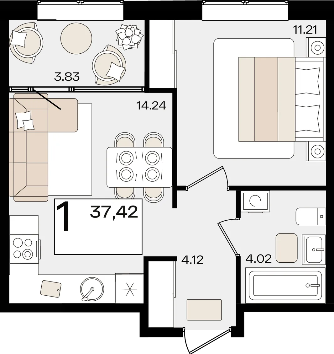 Планировка 1-комн. квартира, 37.42 м² ЖК «Патрики»