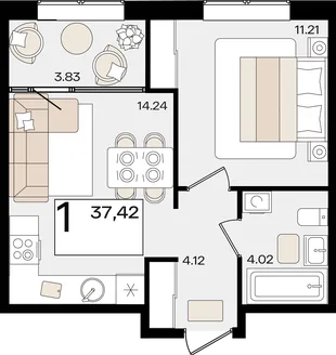 Планировка 1-комн. квартира, 37.42 м² ЖК «Патрики»