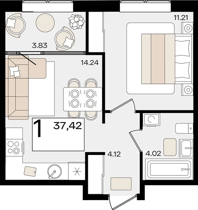 Планировка 1-комн. квартира, 37.42 м² ЖК «Патрики» Планировка 1-комн. квартира, 37.42 м² ЖК «Патрики»