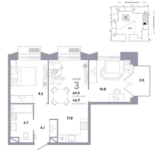 Планировка 3-комн. квартира, 49.9 м² ЖК «Страна.Заречная»
