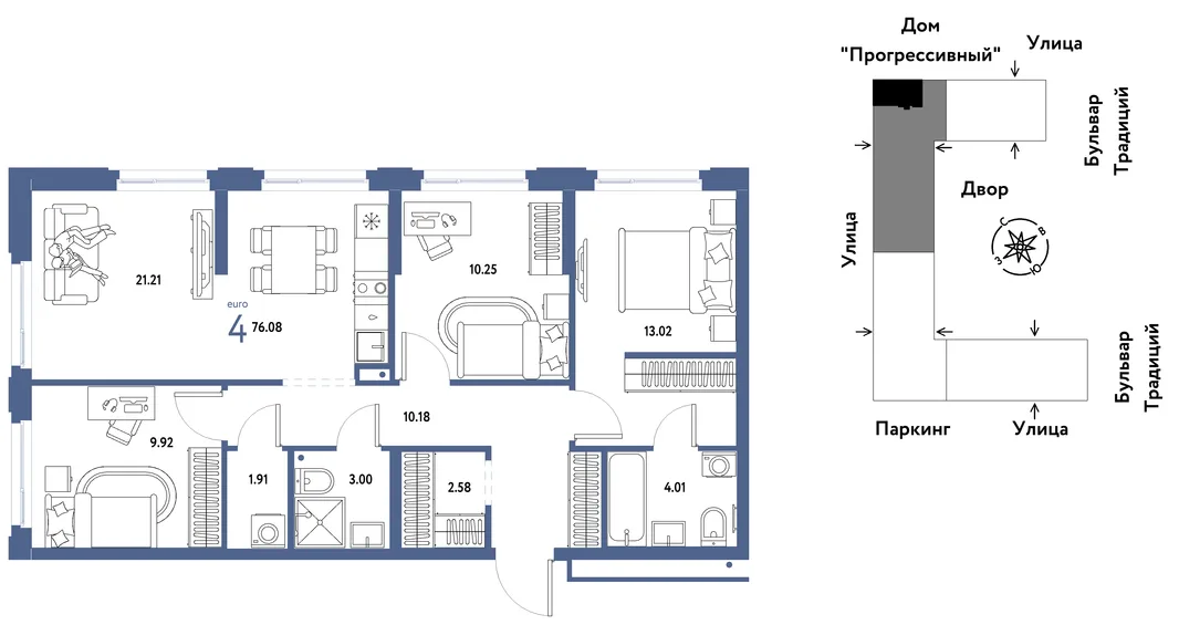 Планировка 4-комн. квартира, 76.08 м² ЖК «Микрорайон Домашний»