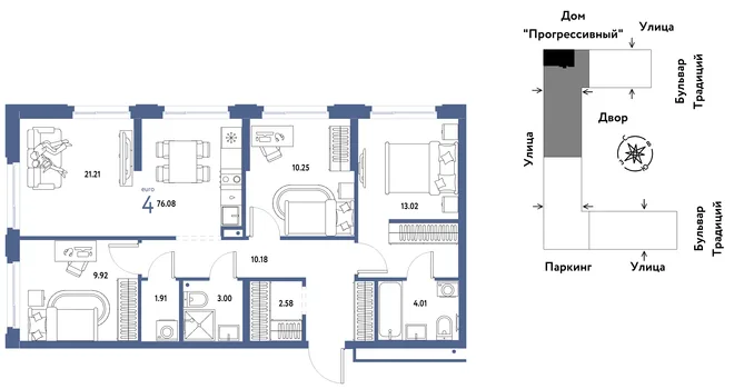 Планировка 4-комн. квартира, 76.08 м² ЖК «Микрорайон Домашний» Планировка 4-комн. квартира, 76.08 м² ЖК «Микрорайон Домашний»