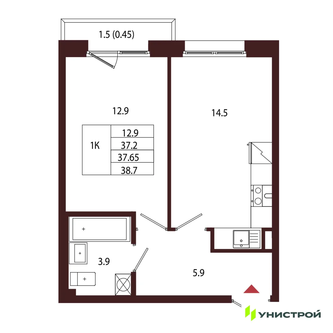 Планировка 1-комн. квартира, 37.65 м² ЖК «Лисино»