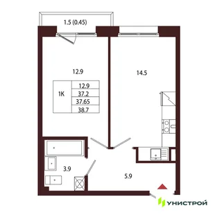 Планировка 1-комн. квартира, 37.65 м² ЖК «Лисино»