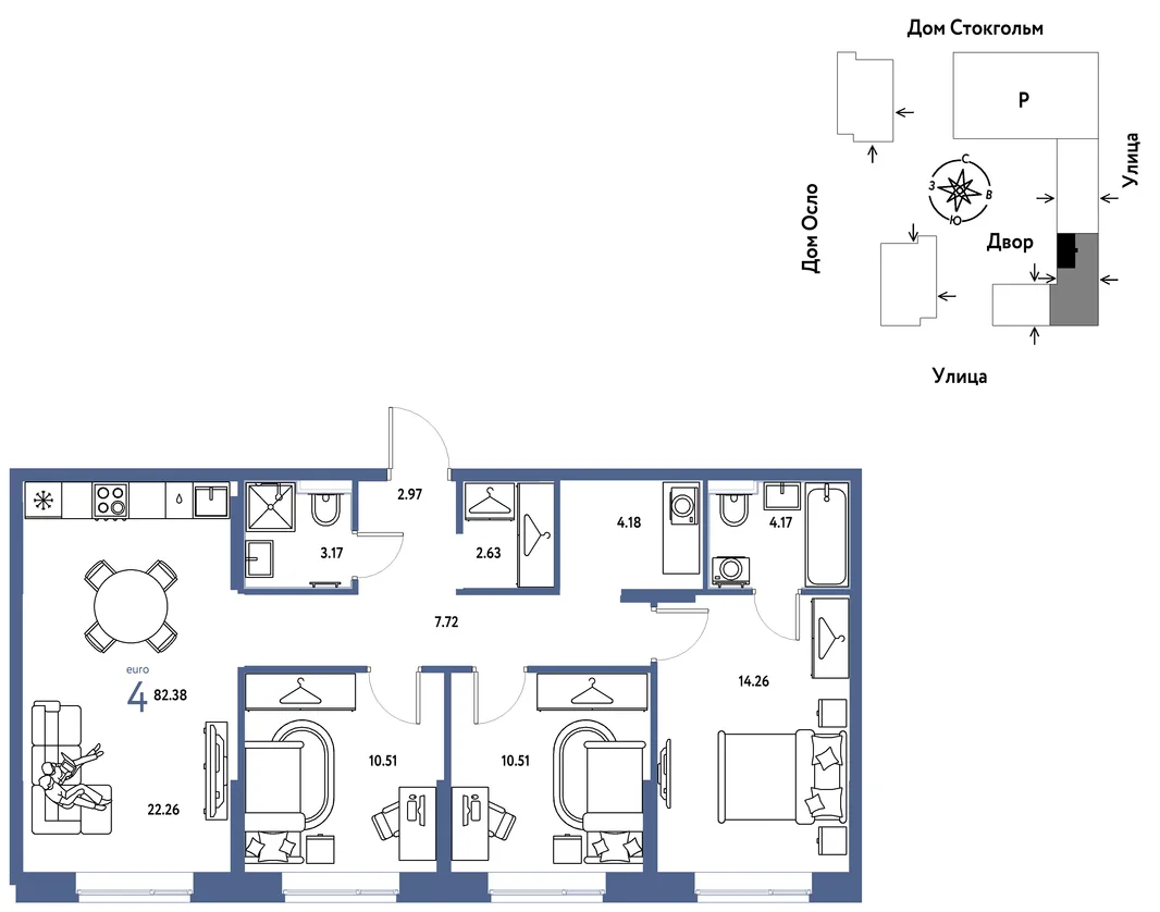 Планировка 4-комн. квартира, 82.38 м² ЖК «Европейский берег 2.0»