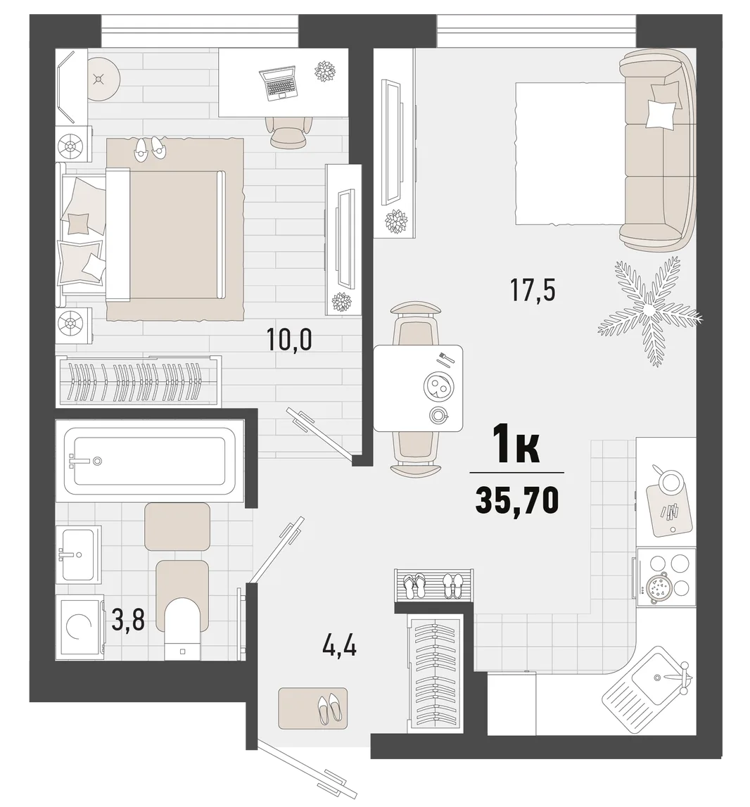 Планировка 1-комн. квартира, 35.7 м² ЖК «Барса»