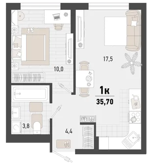 Планировка 1-комн. квартира, 35.7 м² ЖК «Барса»