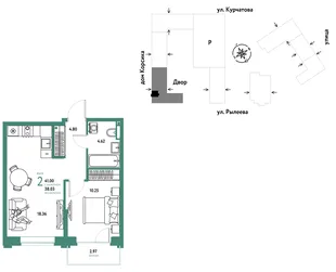 Планировка 2-комн. квартира, 41.34 м² ЖК «Остров-сад»