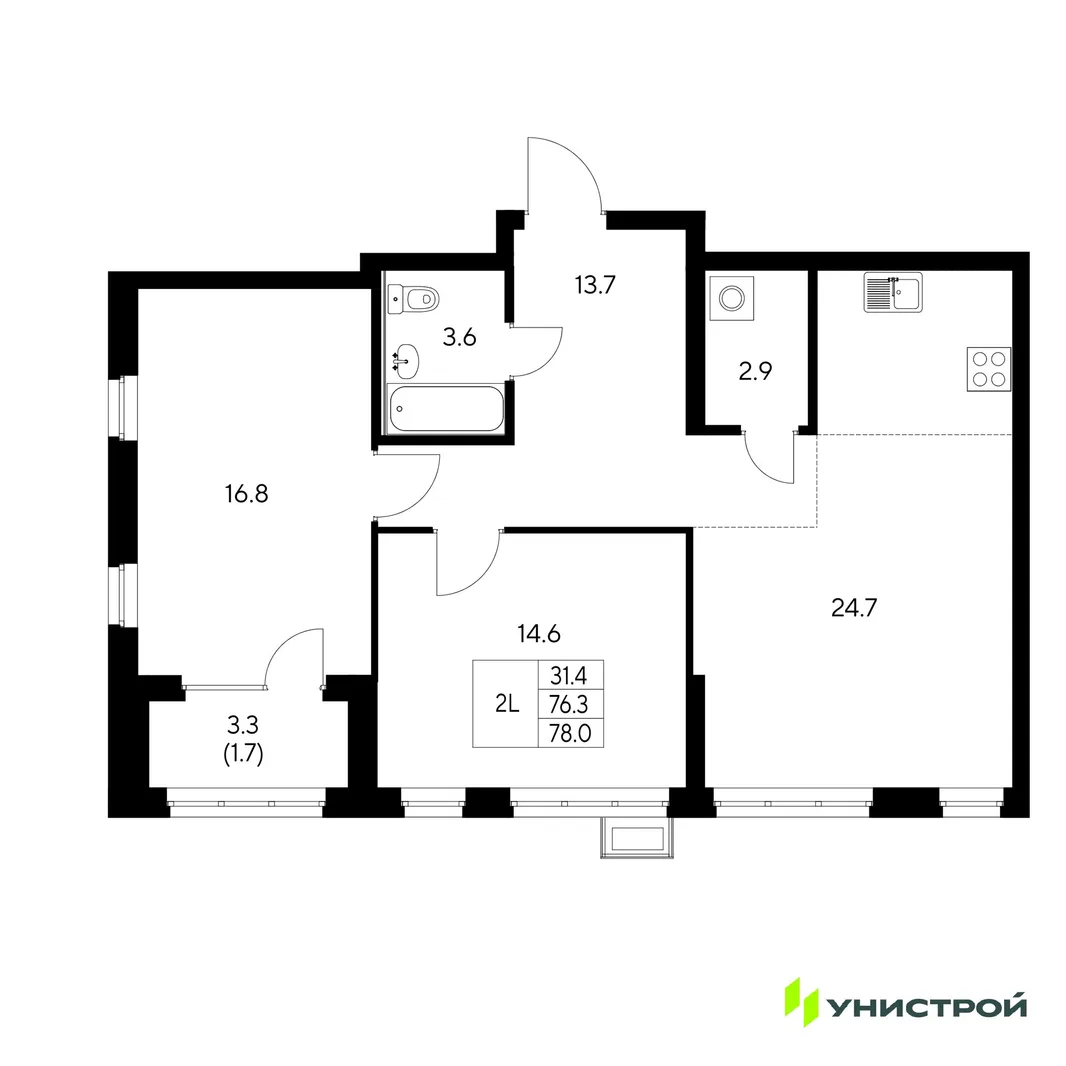 Планировка 2-комн. квартира, 78 м² ЖК «Стадиум»