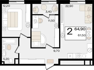 Планировка 2-комн. квартира, 64.9 м² ЖК «Патрики»