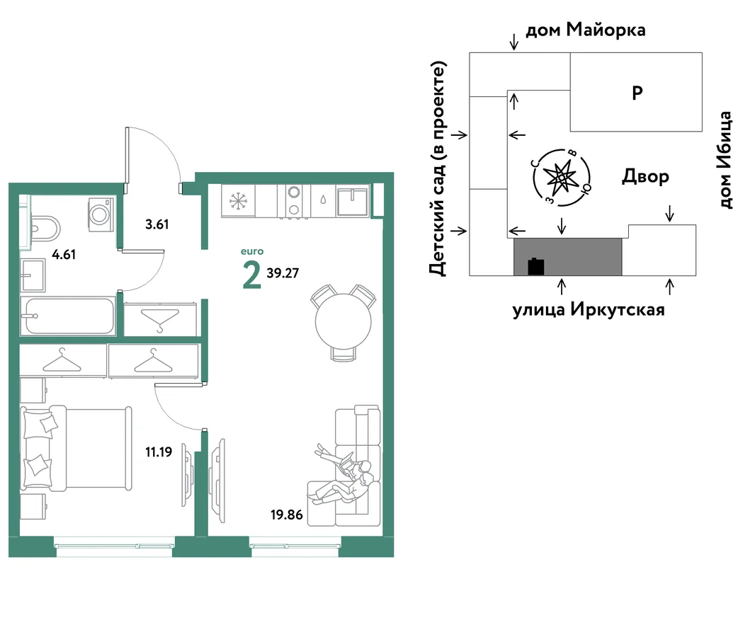 Планировка 2-комн. квартира, 39.27 м² ЖК «Остров-сад»