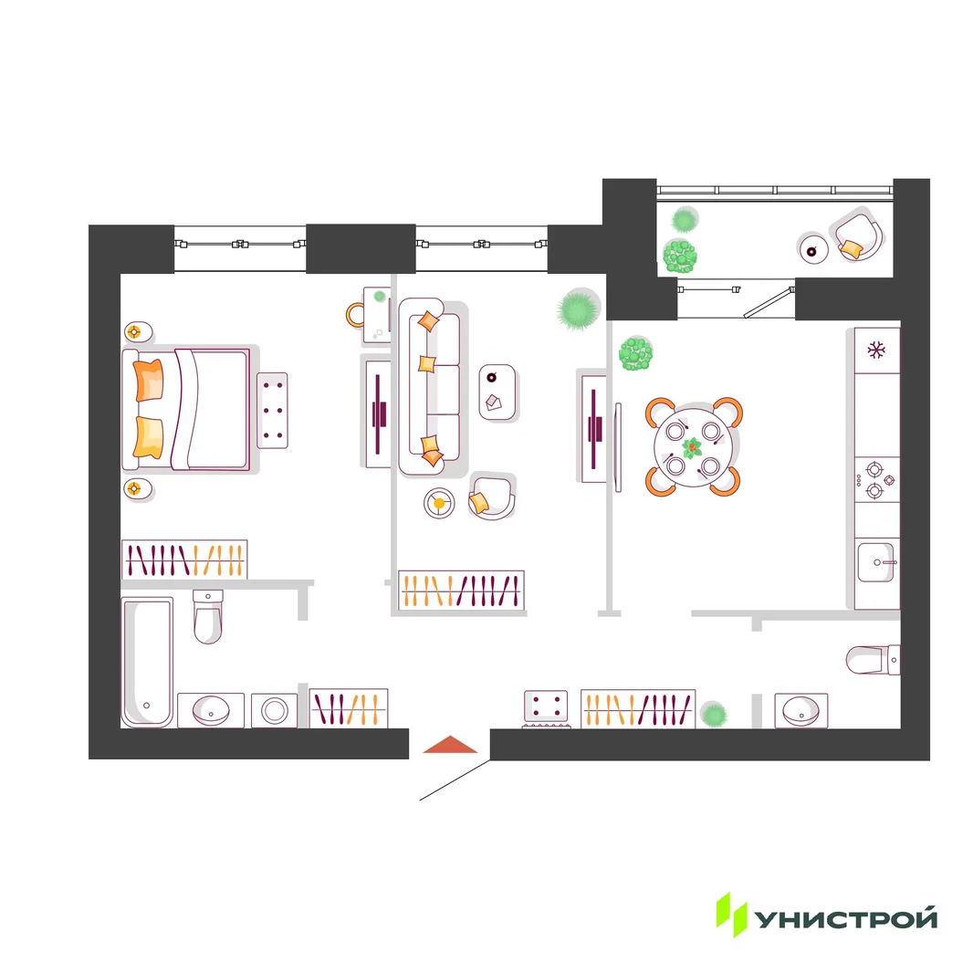 Планировка 2-комн. квартира, 56.78 м² ЖК «Южный бульвар 2»