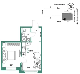 Планировка 2-комн. квартира, 33.4 м² ЖК «Микрорайон Домашний»