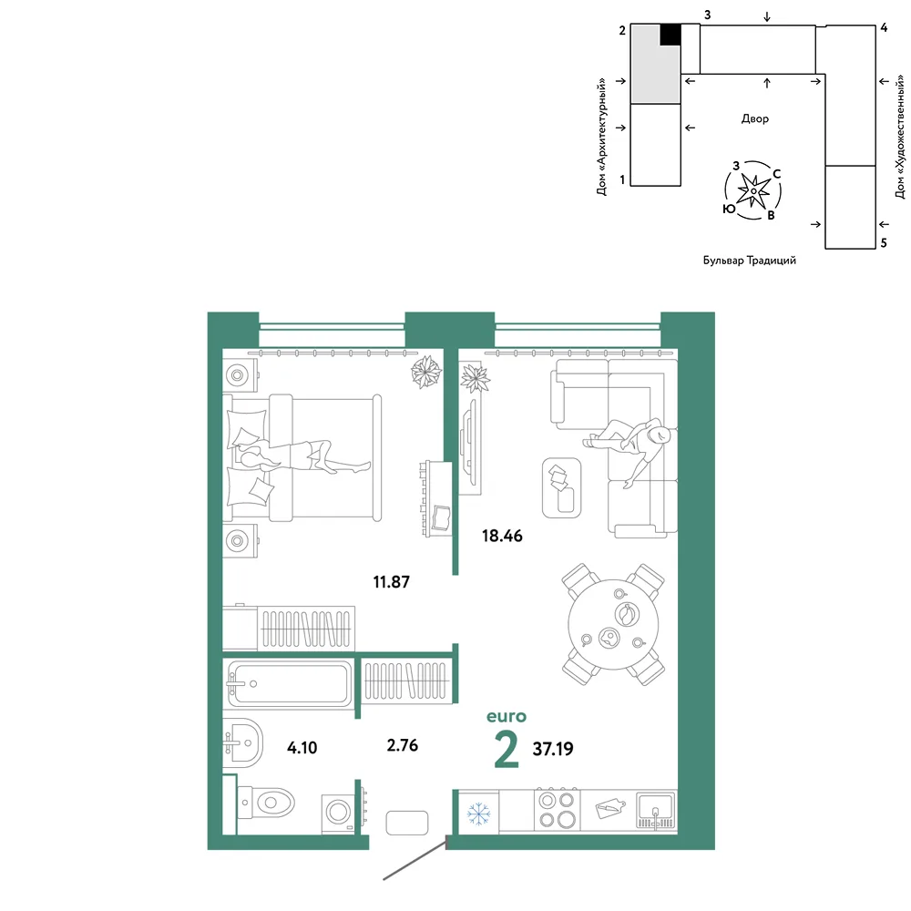 Планировка 2-комн. квартира, 37.19 м² ЖК «Микрорайон Домашний»