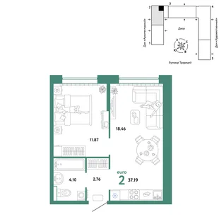 Планировка 2-комн. квартира, 37.19 м² ЖК «Микрорайон Домашний»