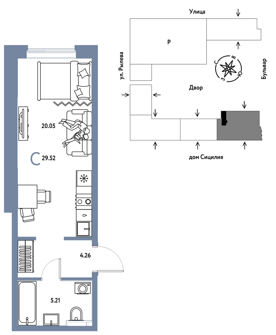 Планировка Студия, 29.52 м² ЖК «Остров-сад»