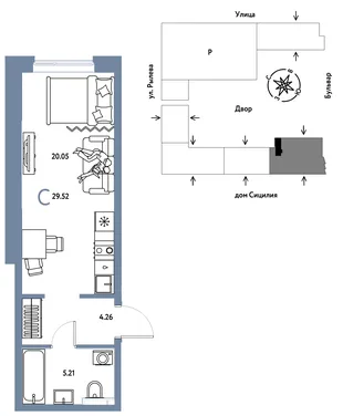 Планировка Студия, 29.52 м² ЖК «Остров-сад»