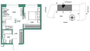Планировка 2-комн. квартира, 34.06 м² ЖК «Авторский»