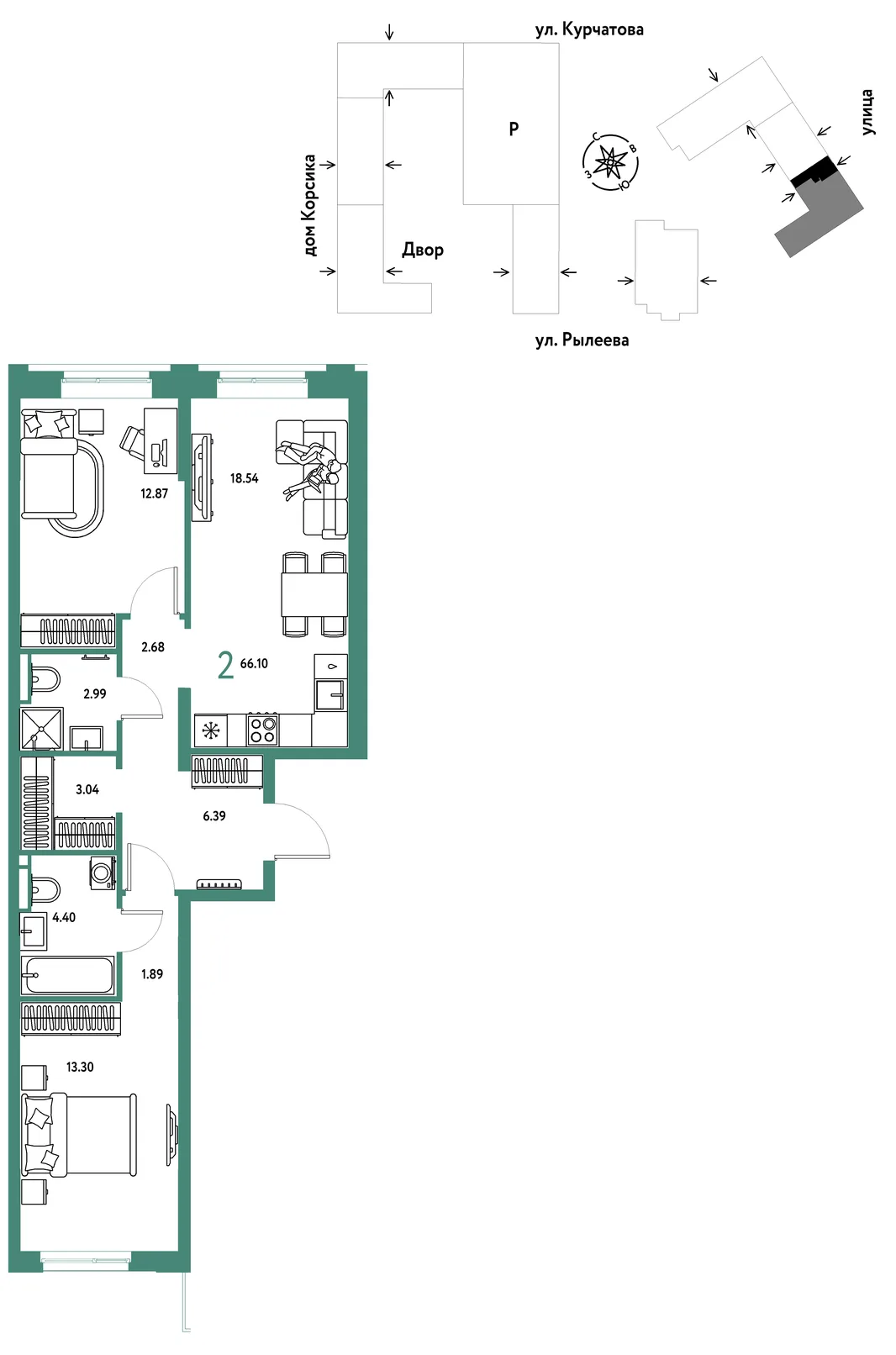 Планировка 2-комн. квартира, 66.54 м² ЖК «Остров-сад»