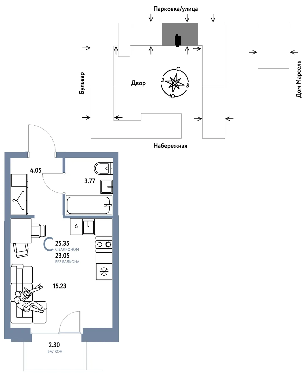 Планировка Студия, 25.35 м² ЖК «Европейский берег 2.0»