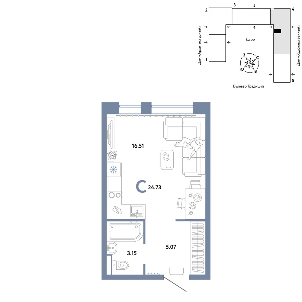 Планировка Студия, 24.73 м² ЖК «Микрорайон Домашний»