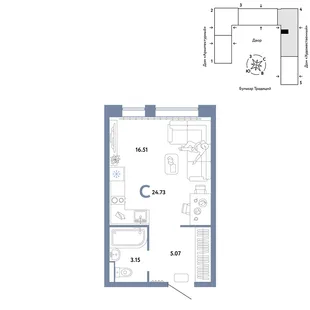 Планировка Студия, 24.73 м² ЖК «Микрорайон Домашний»
