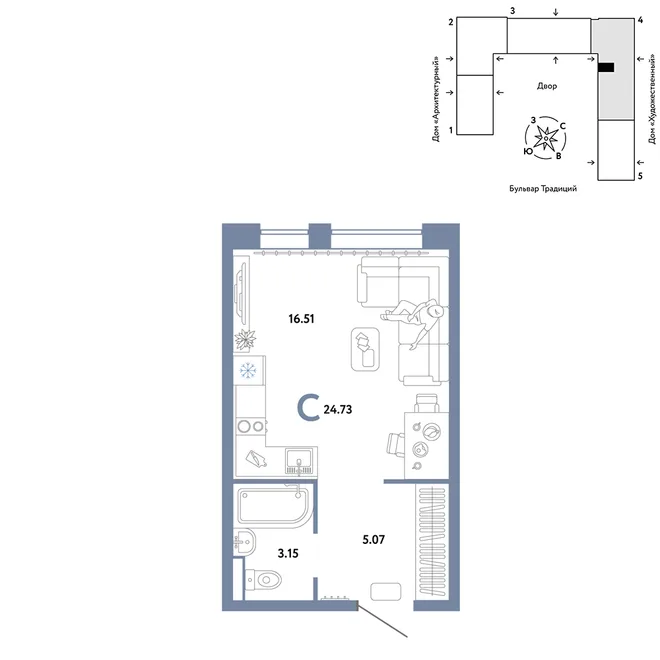 Планировка Студия, 24.73 м² ЖК «Микрорайон Домашний» Планировка Студия, 24.73 м² ЖК «Микрорайон Домашний»