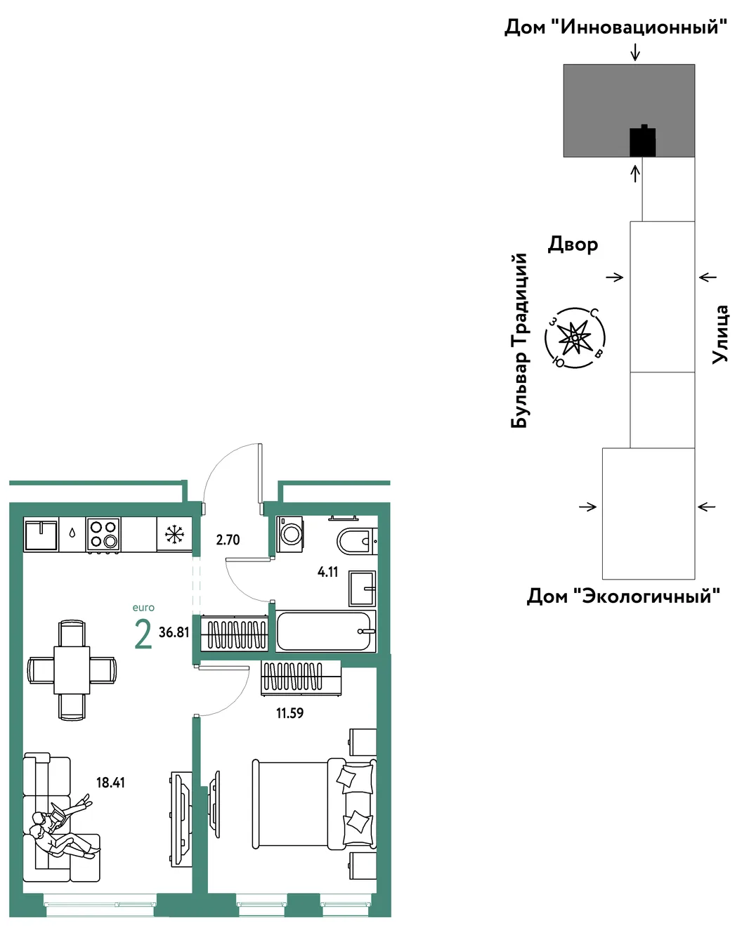 Планировка 2-комн. квартира, 36.81 м² ЖК «Микрорайон Домашний»